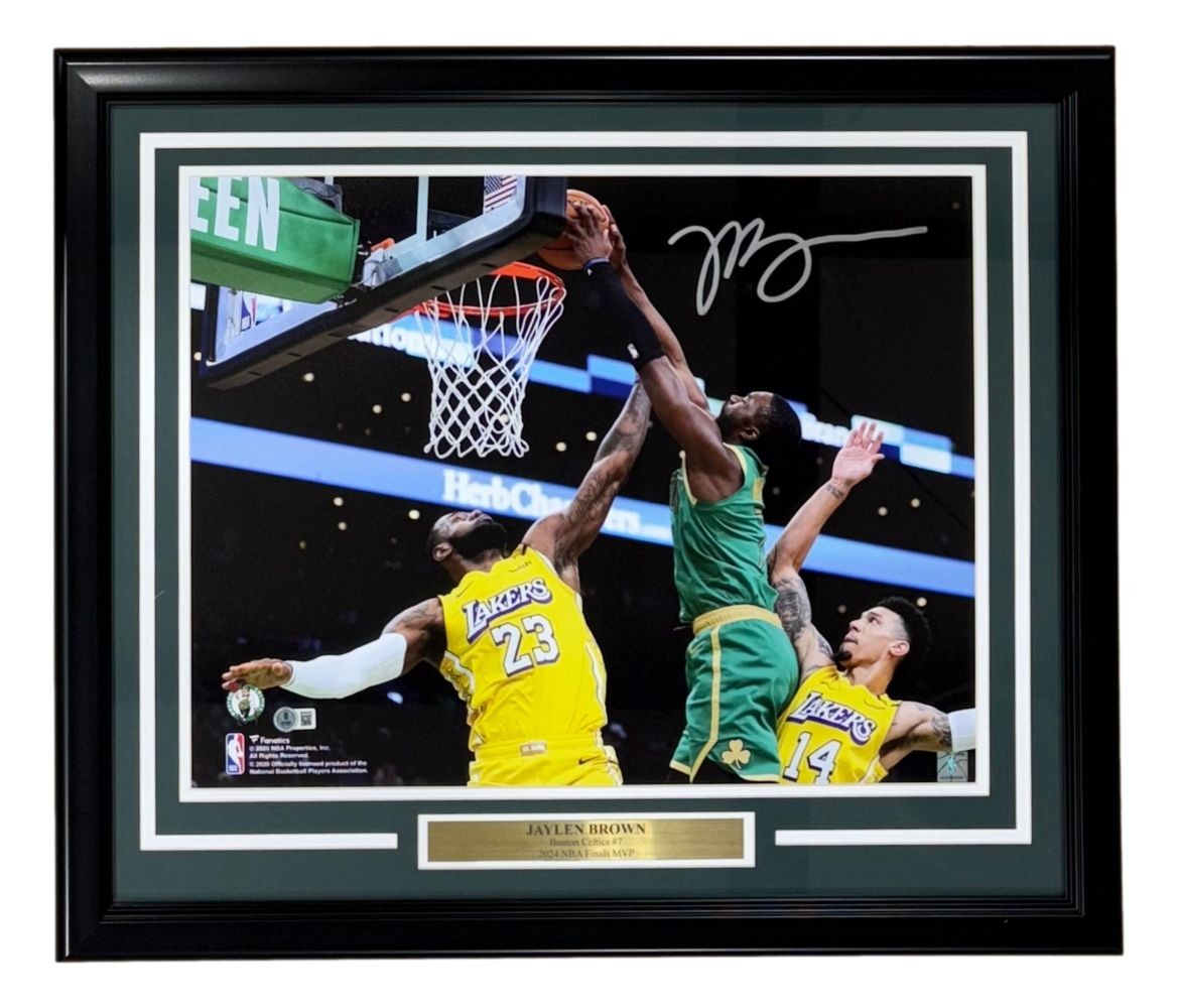 Jaylen Brown Signed Framed 16x20 Boston Celtics Dunk On Lebron James Photo BAS