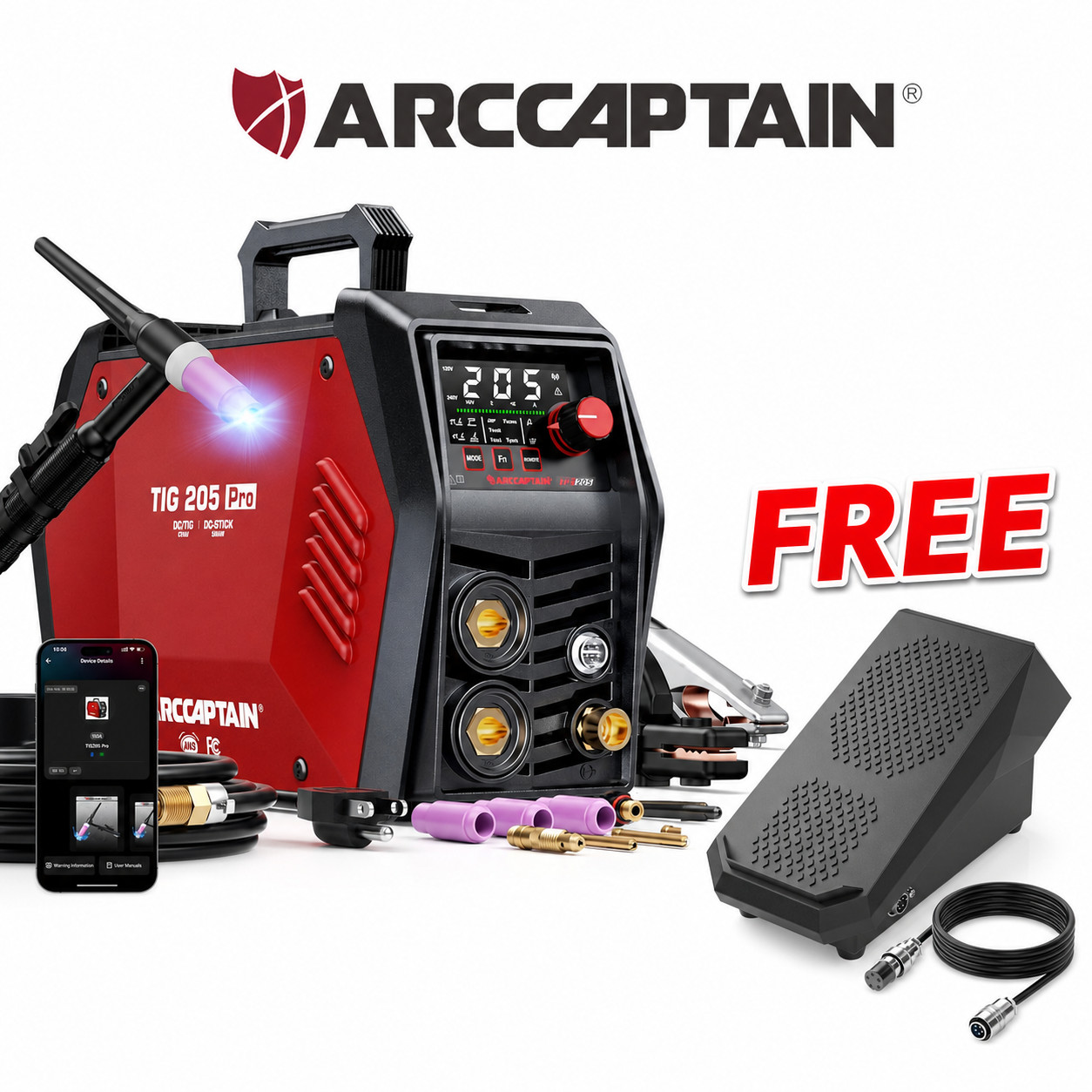 ARCCAPTAIN iControl TIG 205 Pro 5 In1 Cold Spot Stick/TIG Welder with Foot Pedal