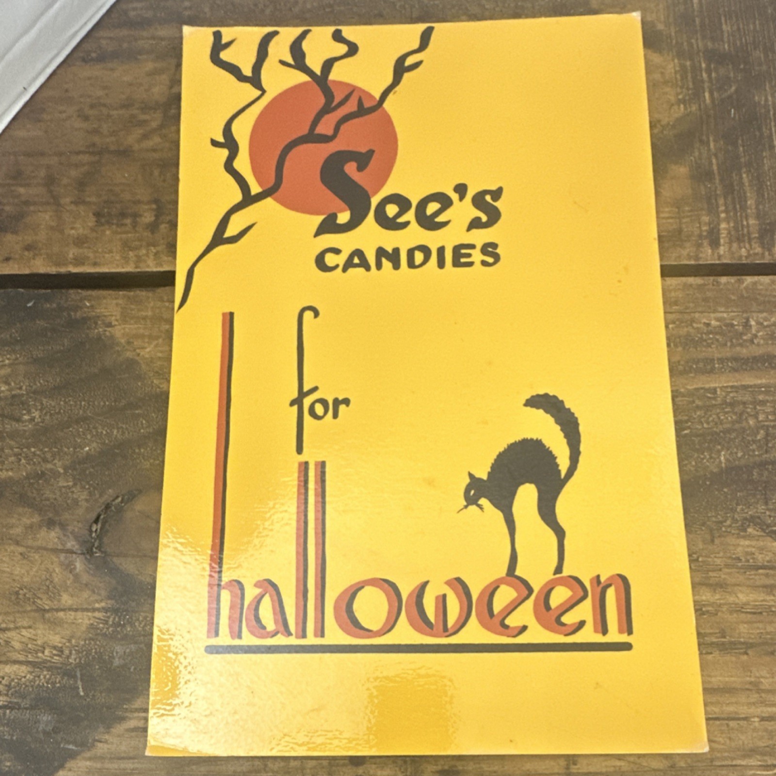 See\'s Candies Halloween Black Cat hand painted laminated cheddar color old See\'s Candies Halloween Black Cat hand painted laminated cheddar color old