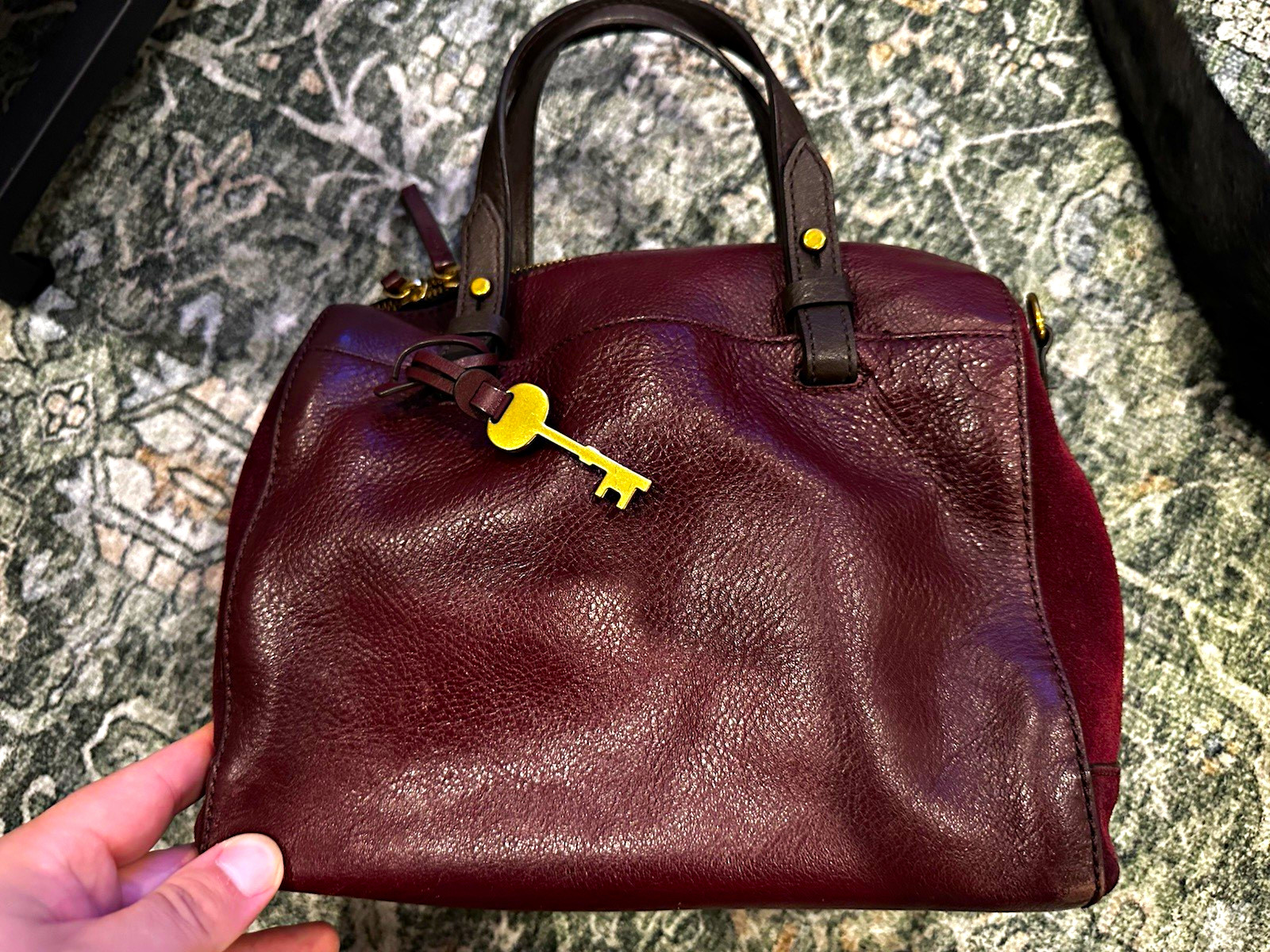 Fossil Burgundy Zip-Top Satchel Top Handle Double Handles Key Charm Pockets