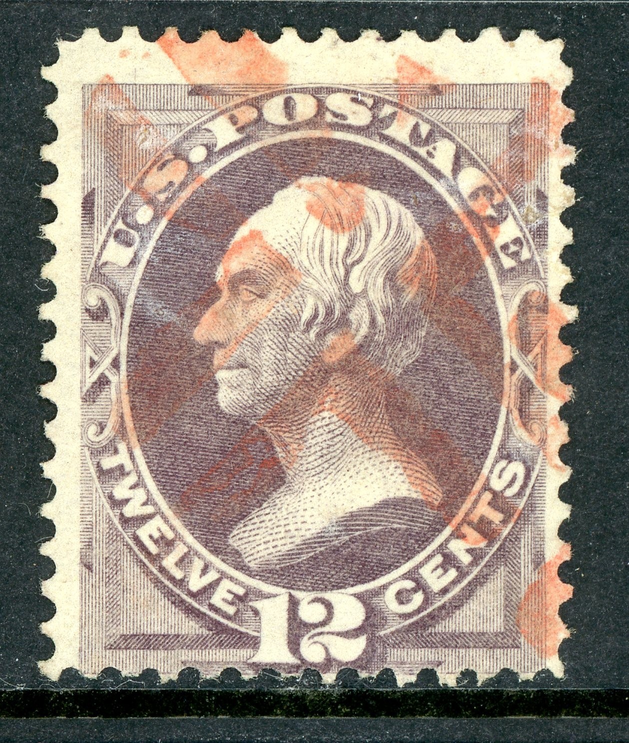 USA 1870 Henry Clay 12¢ Dull Violet w/Light Red Fancy Cancel Scott #151 VFU E496 USA 1870 Henry Clay 12¢ Dull Violet w/Light Red Fancy Cancel Scott #151 VFU E496