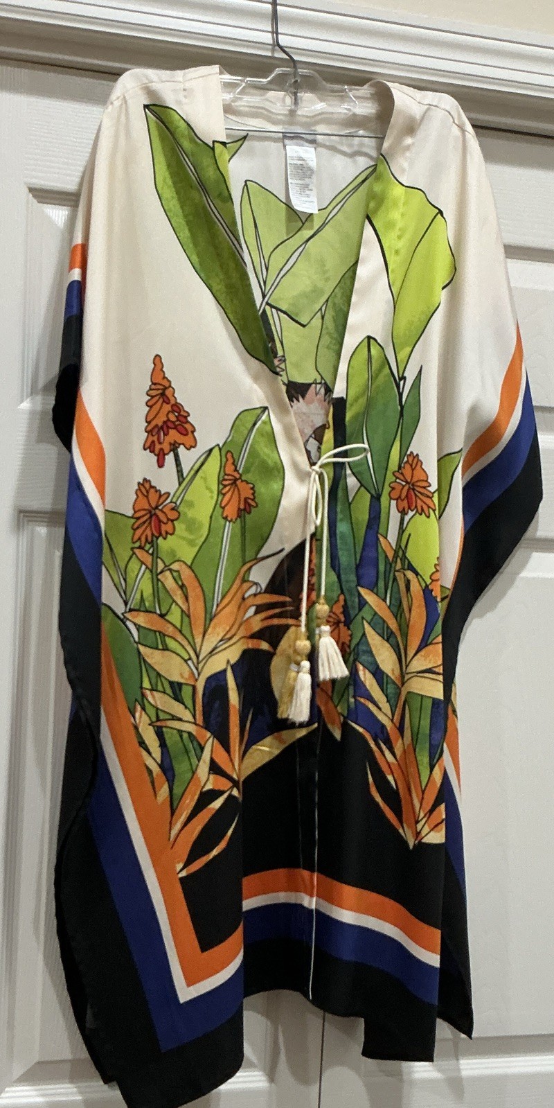 Chico\'s L/XL Multicolor Satin Kimono Top Tropical Bird Print Tassel Tie