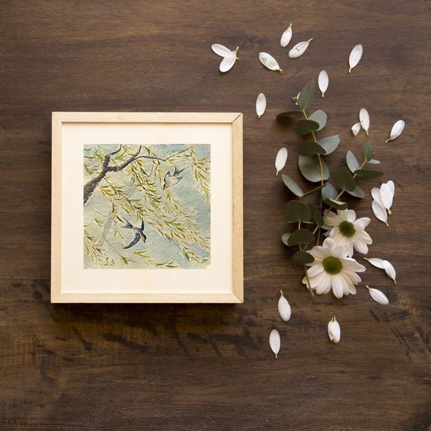 Swallows Bird Original Watercolor Painting Mini Landscape Art Home Decor