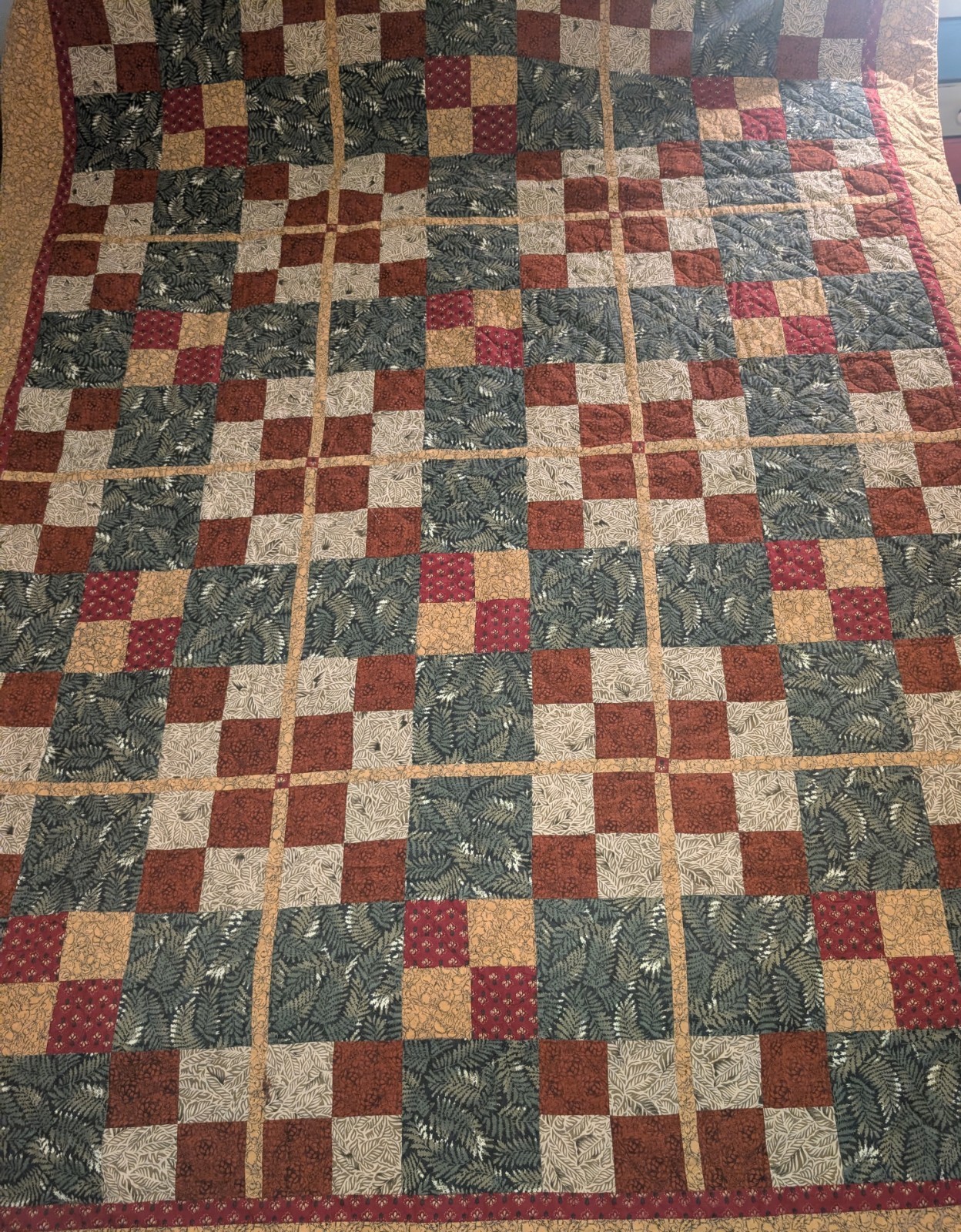 Vintage Handmade Quilt With Warm Green, Brown, And Tan Autumn Patchwork Vintage Handmade Quilt With Warm Green, Brown, And Tan Autumn Patchwork