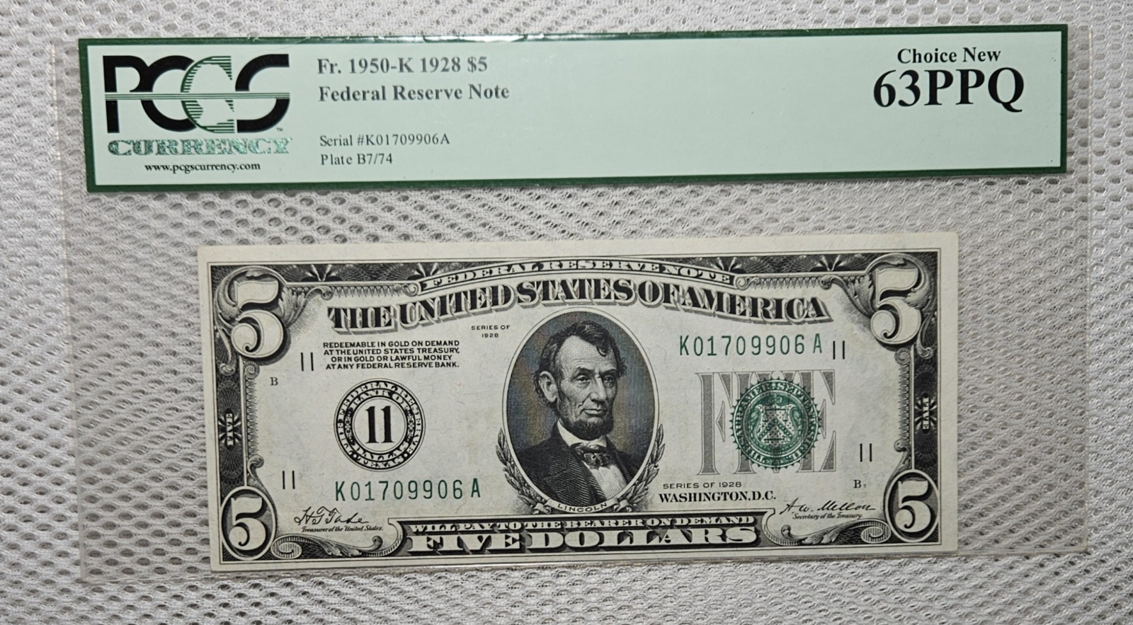 1928 $5 FRN Green Seal Numerical Dallas, TX Plain Series PCGS Choice UNC 63PPQ