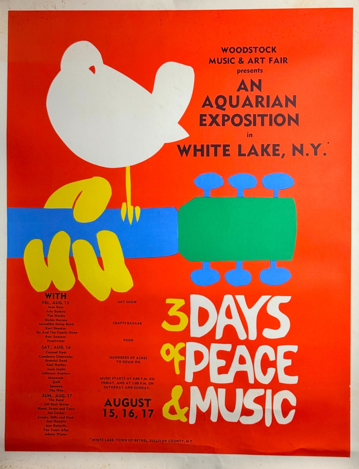 Vintage Original Woodstock Music Festival Poster, 1969 Arnold Skolnick
