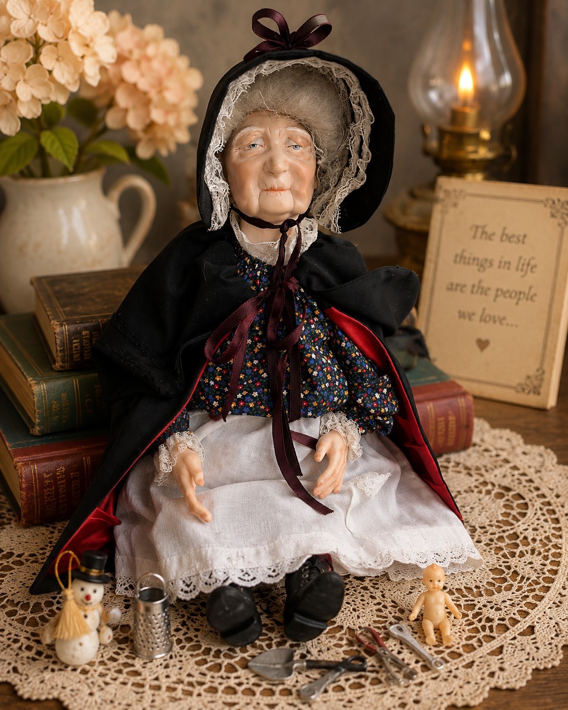 Vintage 1985 Darlene S Signed Artist Bisque Grandma Doll Folk Art w/ Miniatures