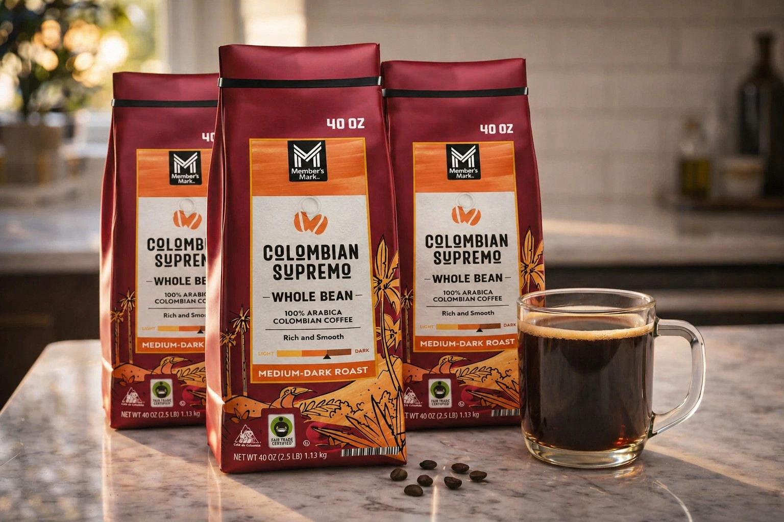 3-PACK Member's Mark Colombian Supremo Whole Bean Coffee 40oz x3 (7.5 lb)