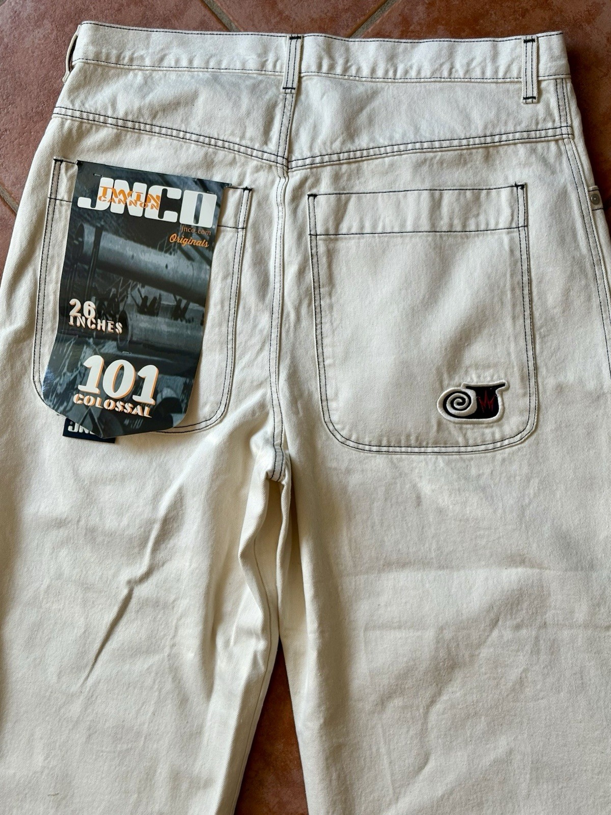 NWT JNCO Twin Cannon Jeans White Denim Embroidered Mens 44x32 Wide 101 Colossal NWT JNCO Twin Cannon Jeans White Denim Embroidered Mens 44x32 Wide 101 Colossal