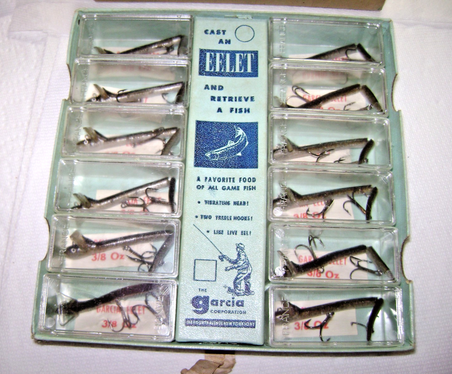 GARCIA EELET DEPOSE LURES VINTAGE DEALER BOX 12 DEPOSE FRANCE 3/8 OZ RARE FIND