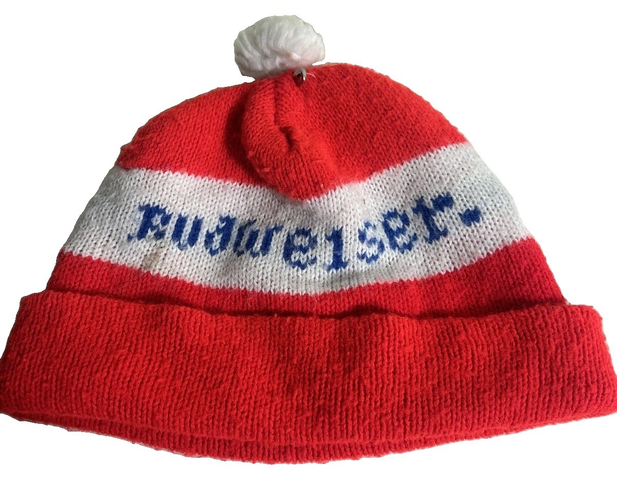 Vintage Budweiser Beer Knit Beanie Ski Winter Pom Hat Stocking Cap Flaw