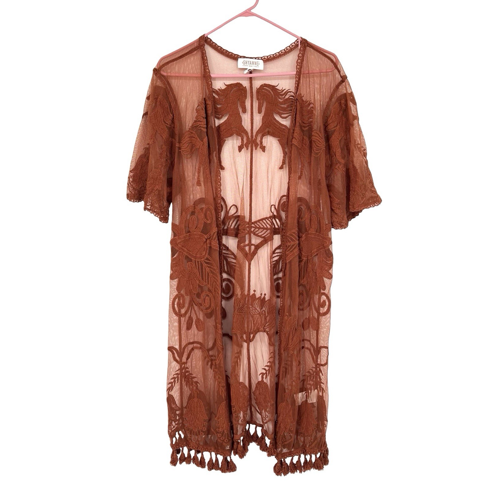 Shyanne Women’s S/M Rust Lace Duster Kimono Horse Embroidered Western Boho