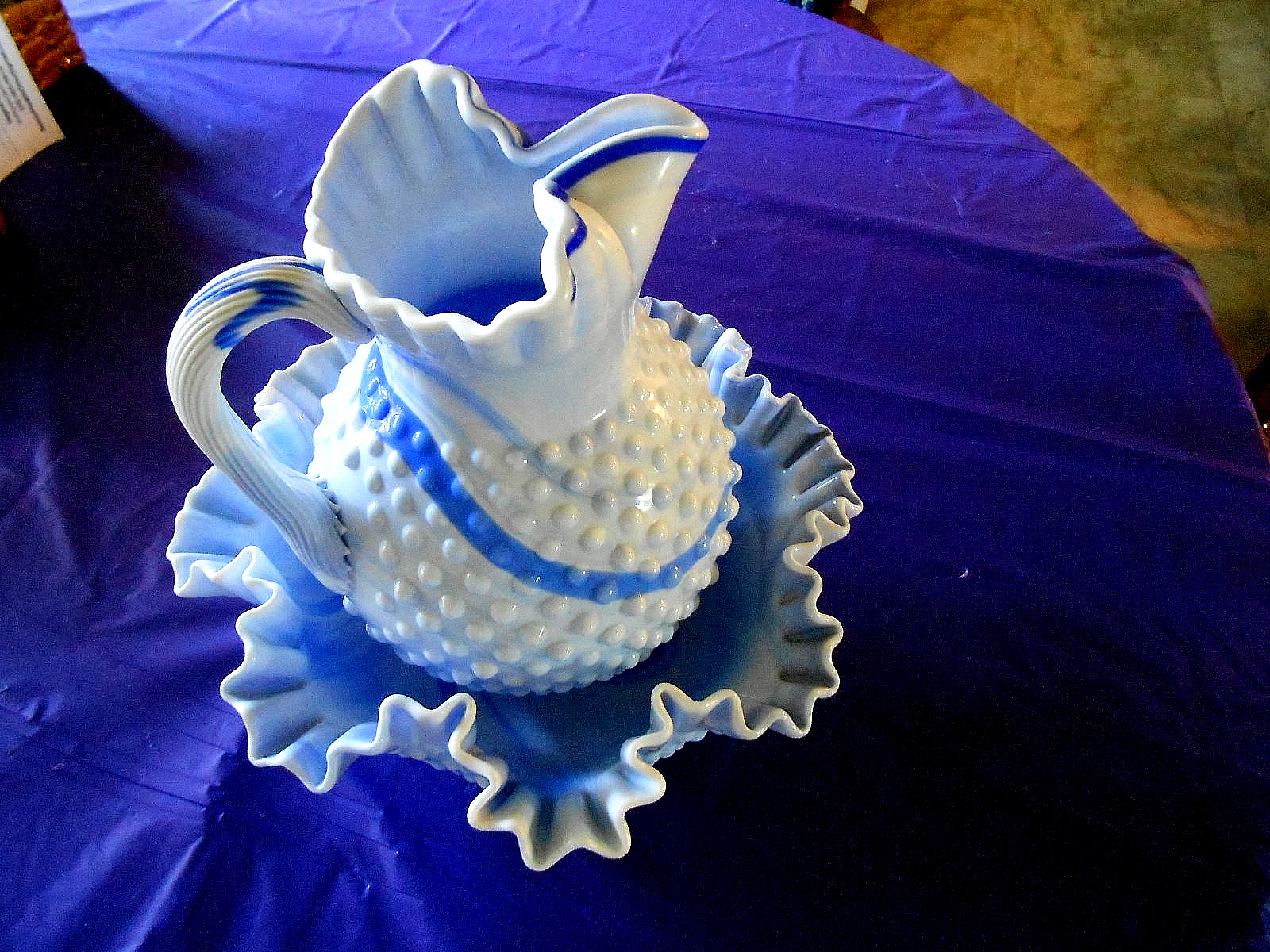 Vintage Fenton Almost Heaven Blue Slag Hobnail Pitcher & Bowl Vintage Fenton Almost Heaven Blue Slag Hobnail Pitcher & Bowl