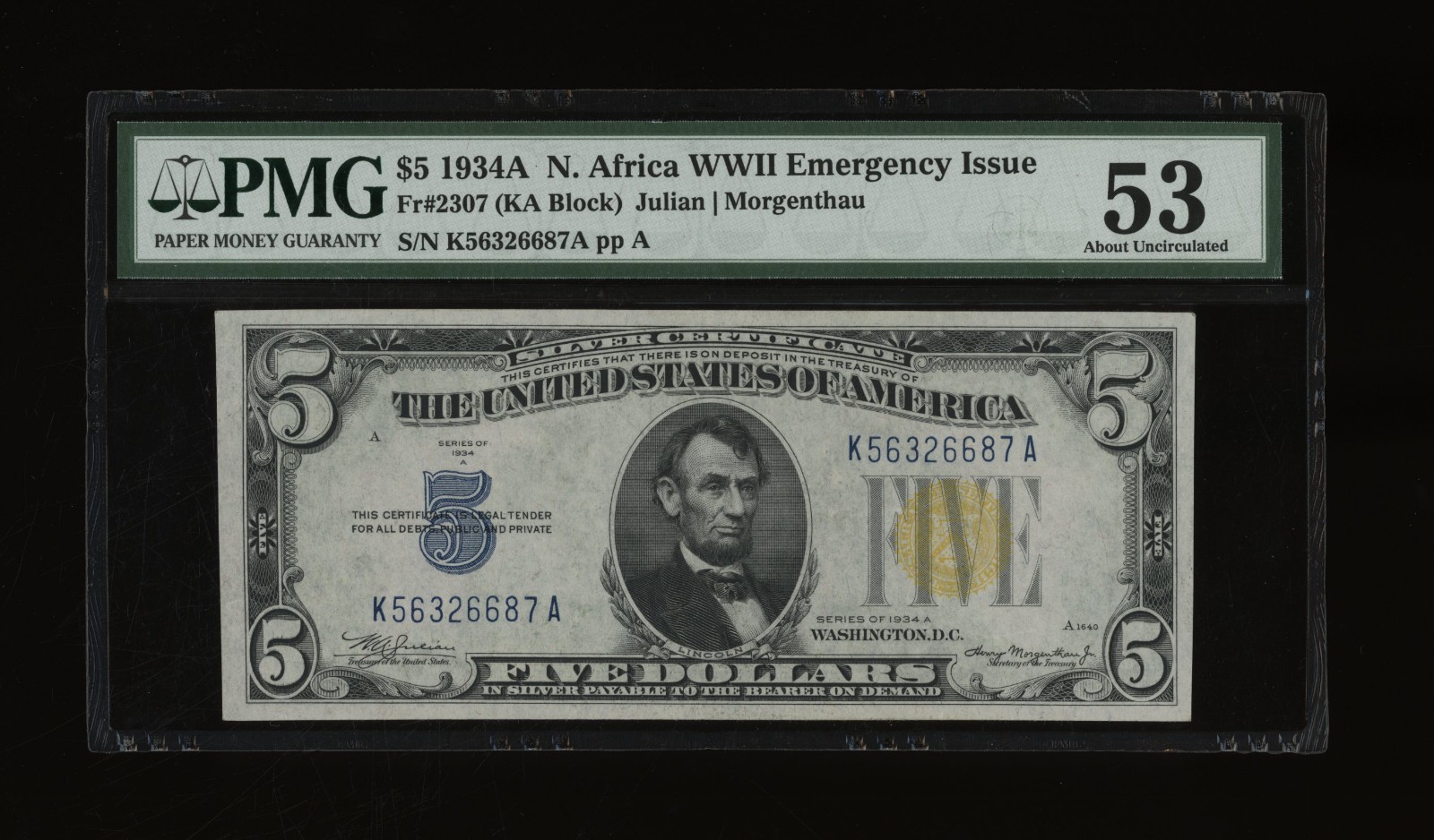 DBR 1934-A $5 North Africa Fr. 2307 PMG 53 Serial K56326687A DBR 1934-A $5 North Africa Fr. 2307 PMG 53 Serial K56326687A