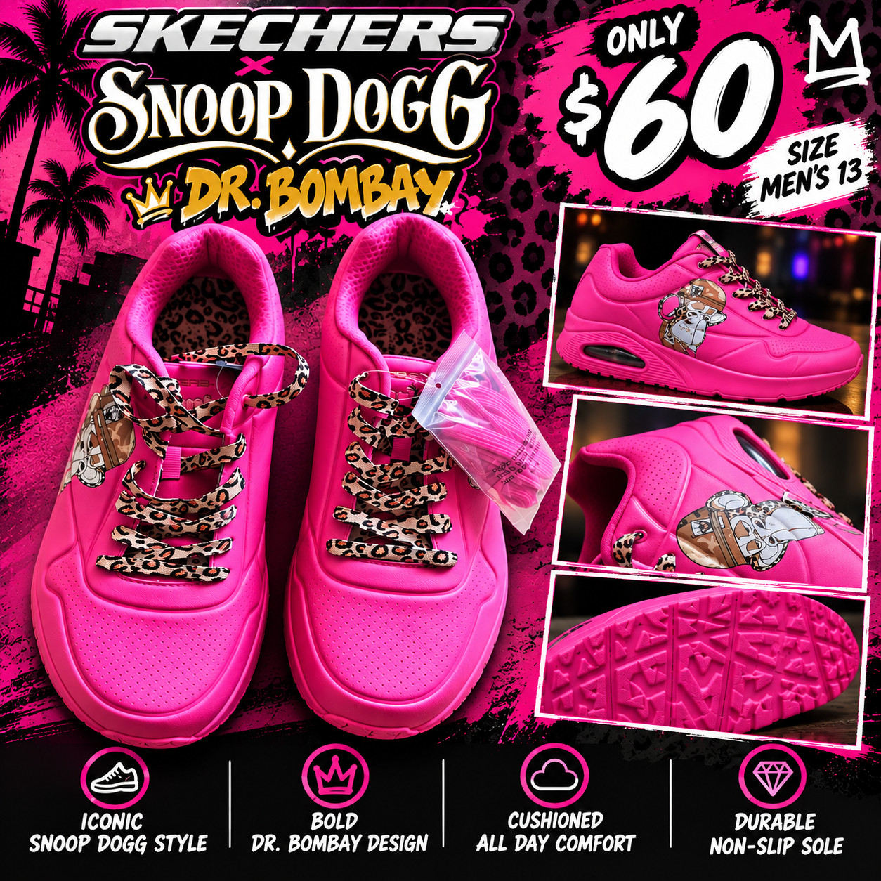 SKECHERS x Snoop Dogg Dr. Bombay Men’s Low Top Lace-Up Cushioned Pink Sneaker