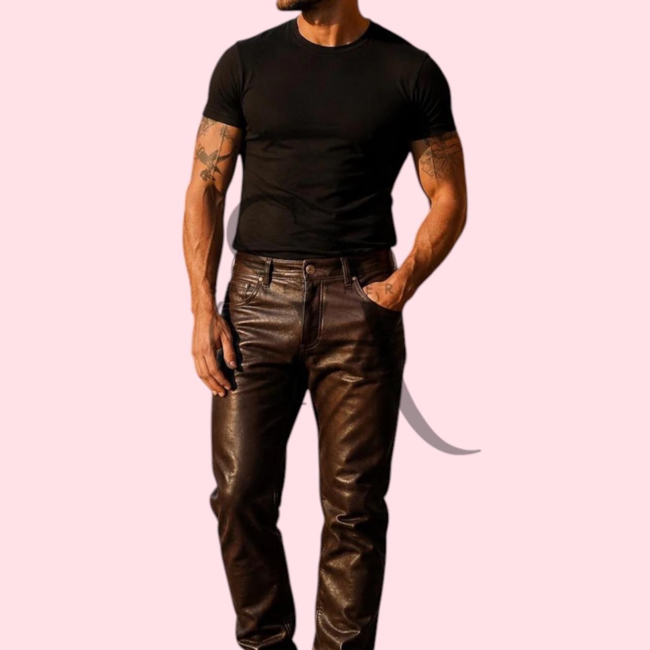 Men\'s Causal Brown Leather Classic Dress Pant Genuine Lambskin Leather Pant