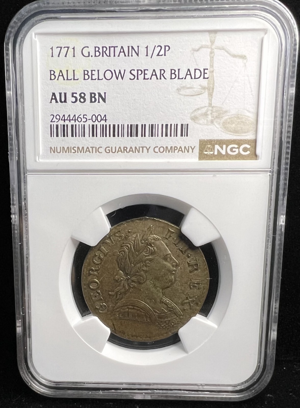 1771 Great Britain Half Penny NGC AU 58 BN - Ball Below Spear Blade 1771 Great Britain Half Penny NGC AU 58 BN - Ball Below Spear Blade