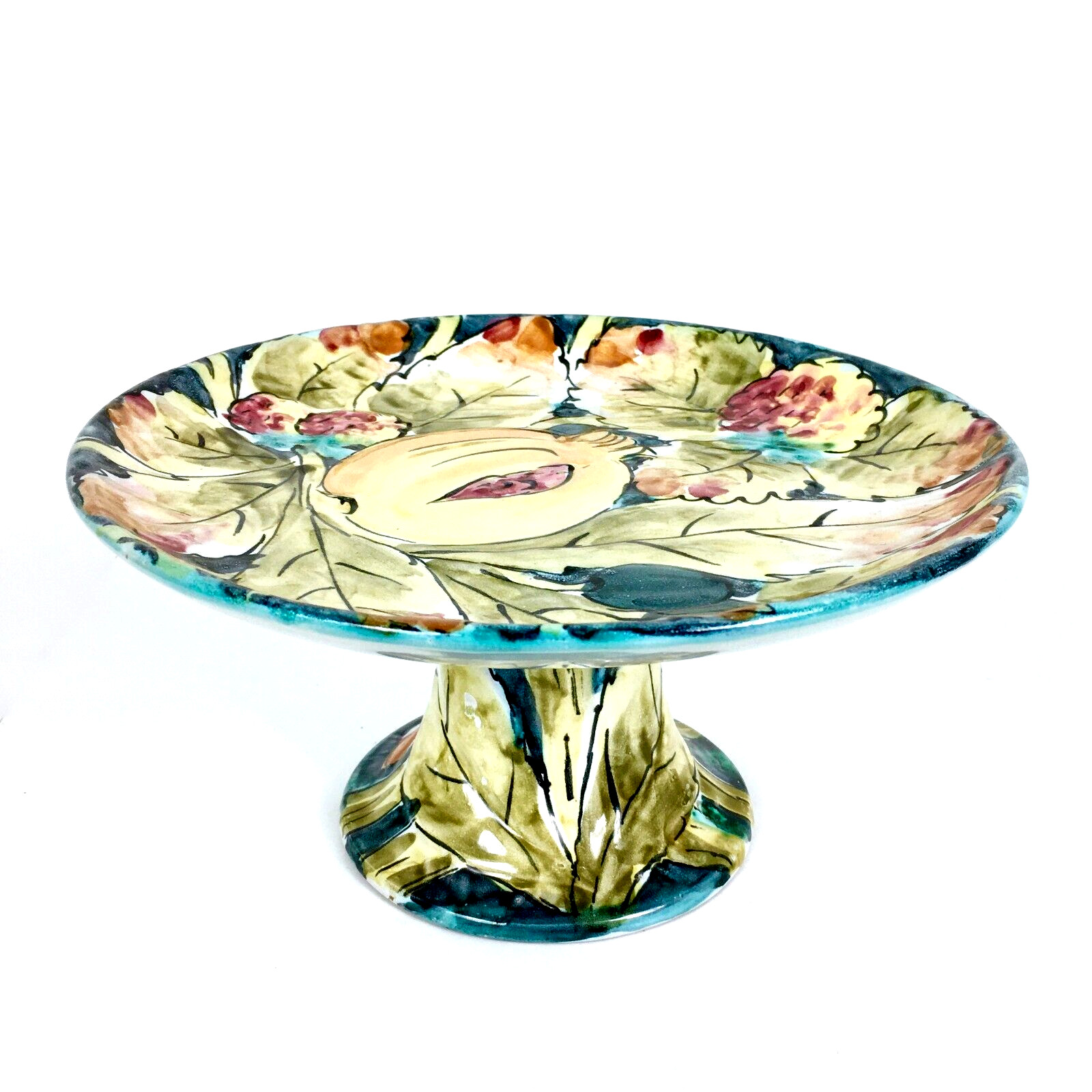 Vintage Italian Majolica Cake Stand Footed Hand Painted Ceramic Pedestal Plate