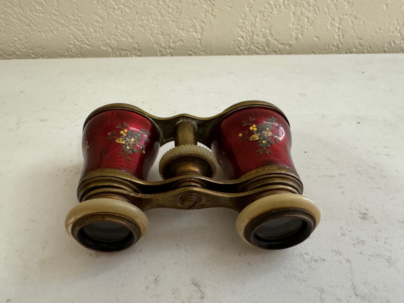 Antique Likely French Opera Glasses Binoculars w/ Red Enamel & Floral Decoration Antique Likely French Opera Glasses Binoculars w/ Red Enamel & Floral Decoration
