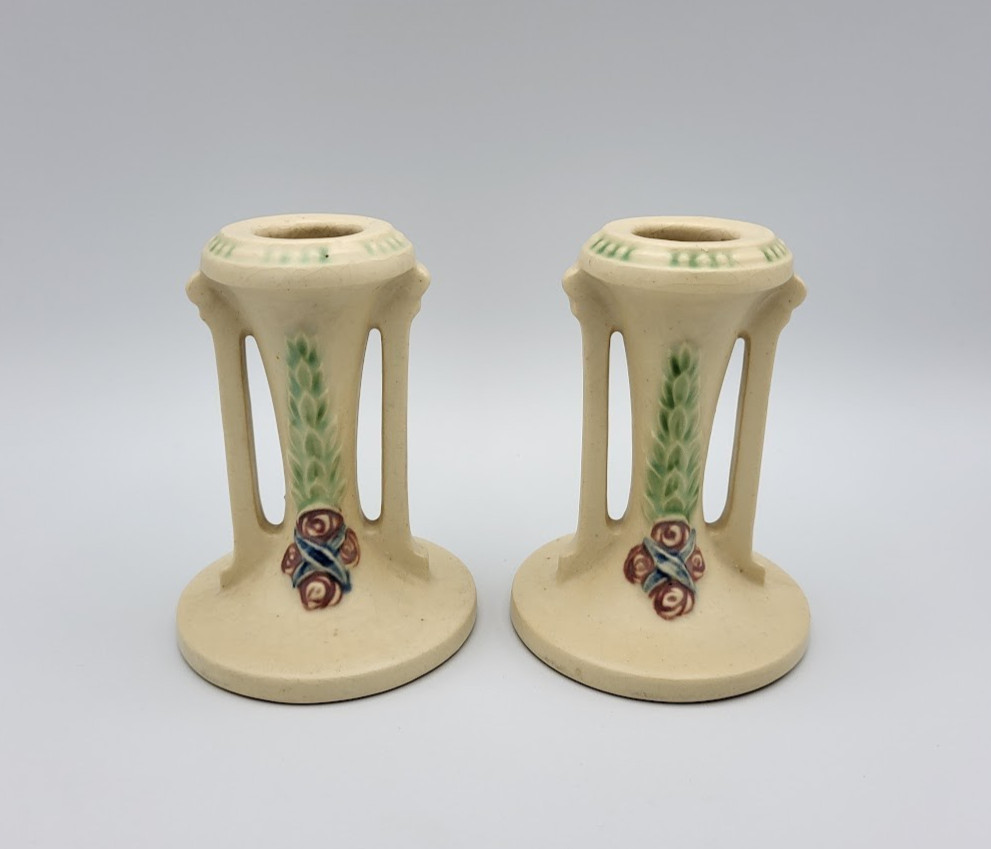 Roseville LA Rose Flowers Cream Candle Sticks Art Deco Art Pottery Vintage 4.25\