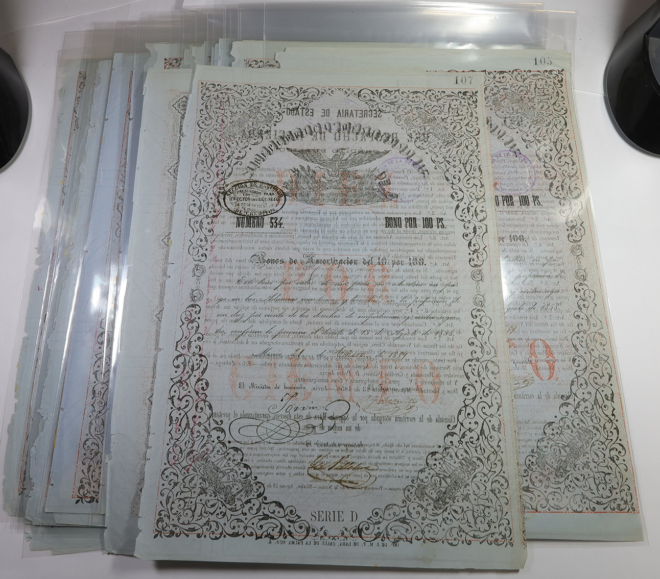 1859 Republic of Mexico 100 Pesos Mexican Government Bank Bond #57604V