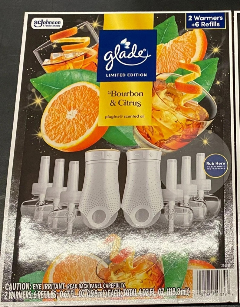 New Glade Plugins Scented Oils, Bourbon & Citrus Scented, 2 Warmers + 6 Refills. New Glade Plugins Scented Oils, Bourbon & Citrus Scented, 2 Warmers + 6 Refills.