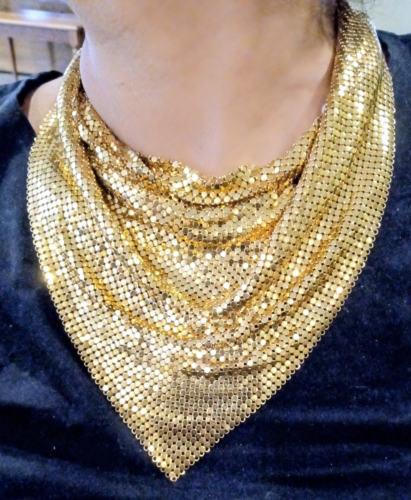 Whiting & Davis Gold Tone Mesh Bib Necklace Vintage Costume Jewelry Whiting & Davis Gold Tone Mesh Bib Necklace Vintage Costume Jewelry