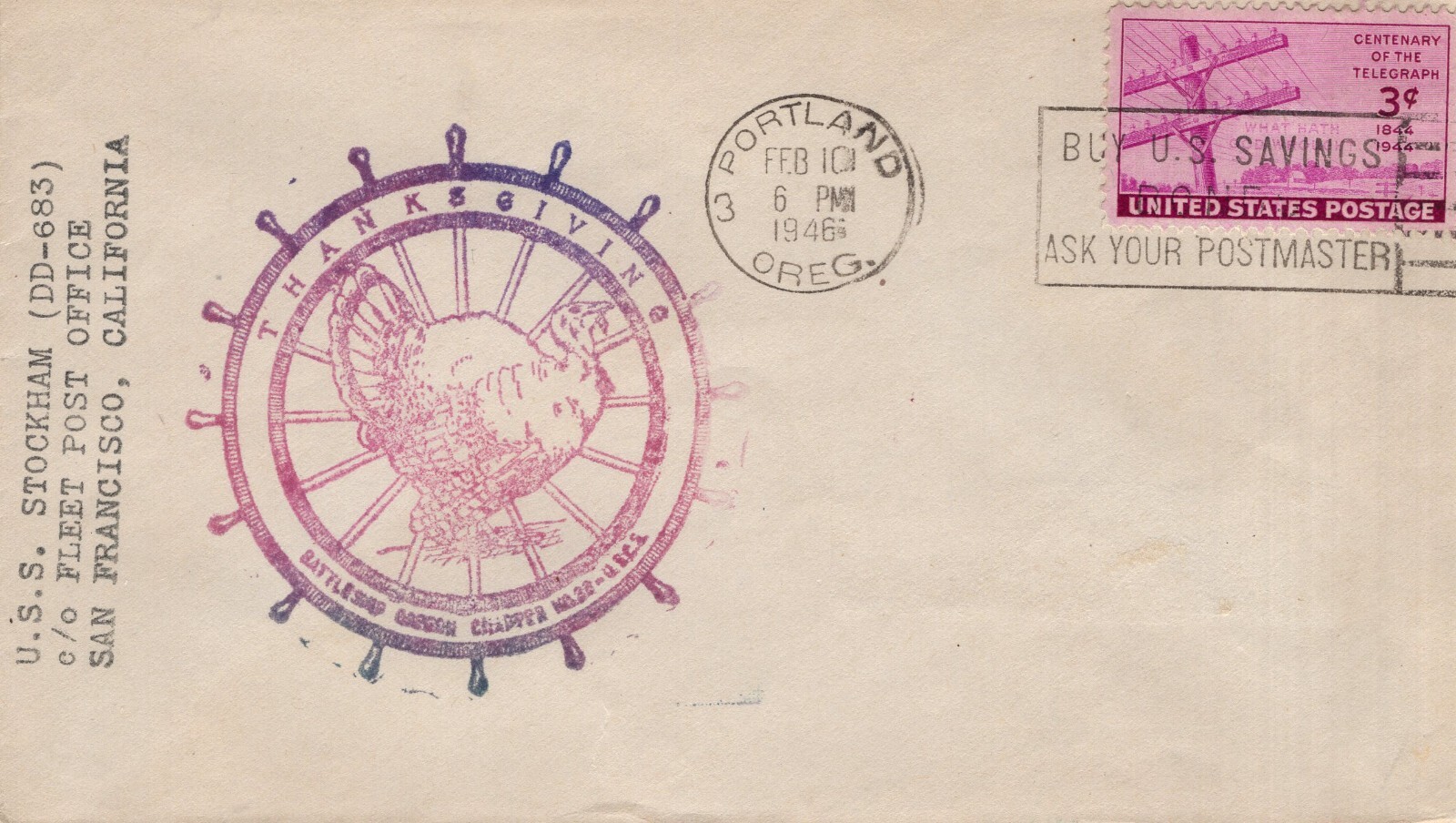USS STOCKHAM DD-683,   PORTLAND, OR,   1946  FDC19634