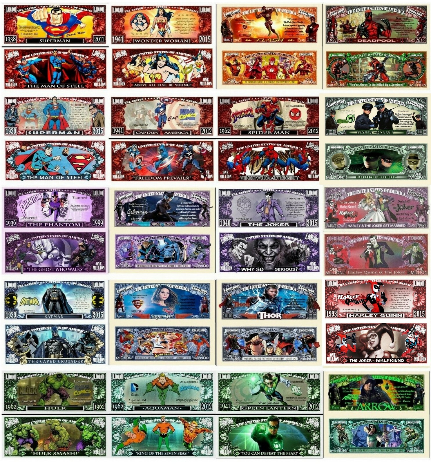 Super Heroes and Villains Set of 20 - Million Dollar Novelty Notes +Free Sleeves