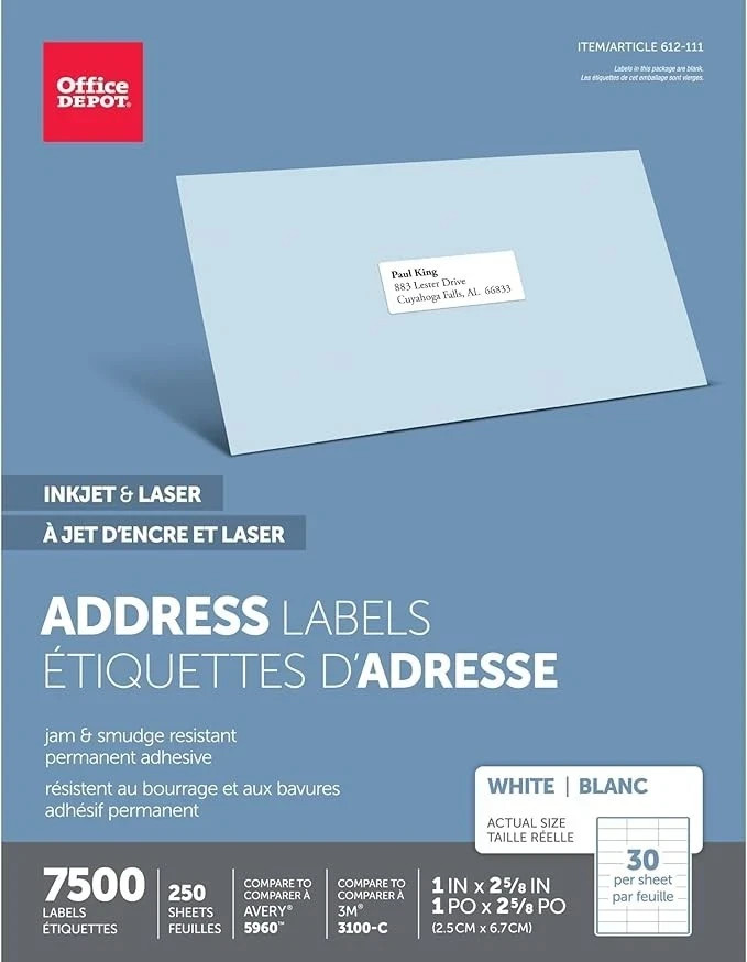 Office Depot Inkjet/Laser Labels 1250 Sheets 30 per Sheet 37,500 Avery 8460 5160 Office Depot Inkjet/Laser Labels 1250 Sheets 30 per Sheet 37,500 Avery 8460 5160