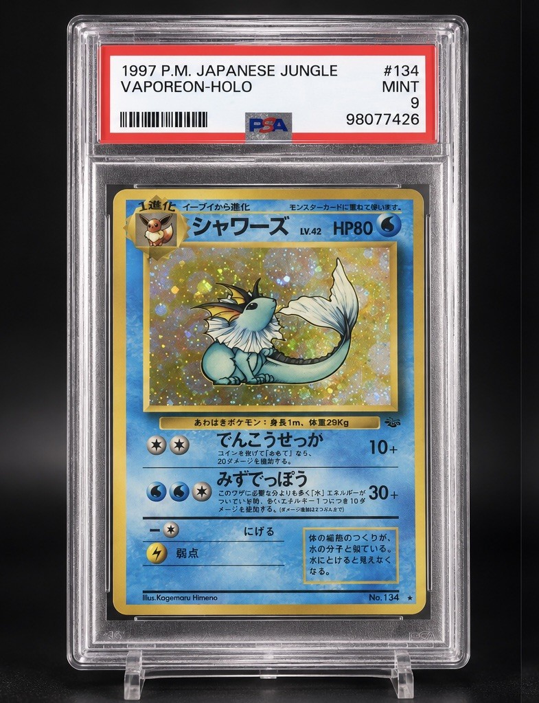 VAPOREON-HOLO PSA 9 HUGE SWIRL 🌀 1997 POKEMON JAPANESE JUNGLE #134 VAPOREON-HOLO PSA 9 HUGE SWIRL 🌀 1997 POKEMON JAPANESE JUNGLE #134