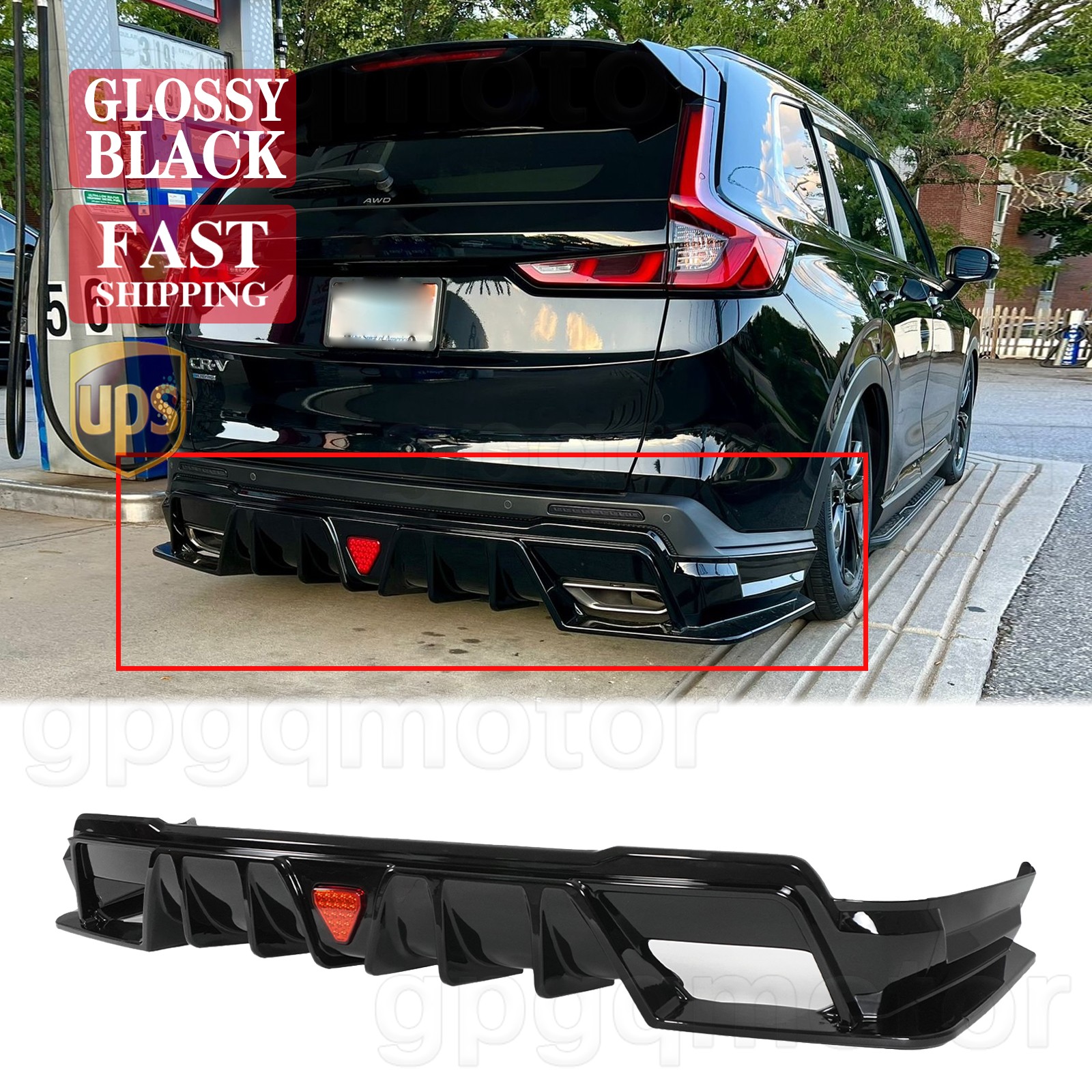 For Honda CR-V Hybrid Sport 2023-2026 Glossy Black Rear Bumper Diffuser W/ LED For Honda CR-V Hybrid Sport 2023-2026 Glossy Black Rear Bumper Diffuser W/ LED