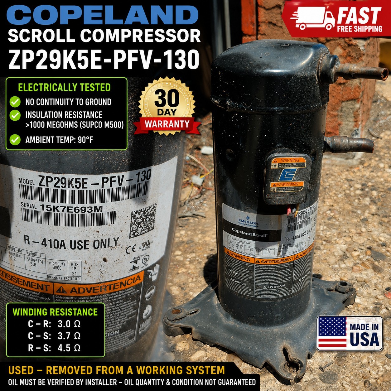 Copeland 2.5 Ton Compressor ZP29K5E-PFV-130 ZP29K5E-PFV-830 ZP29K5-PFV-130 Used