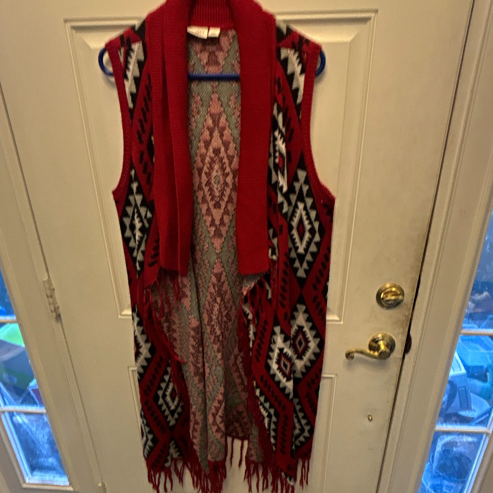 Cato Women’s Plus 18/20W Knit Open Sweater Vest Geometric Fringe Red