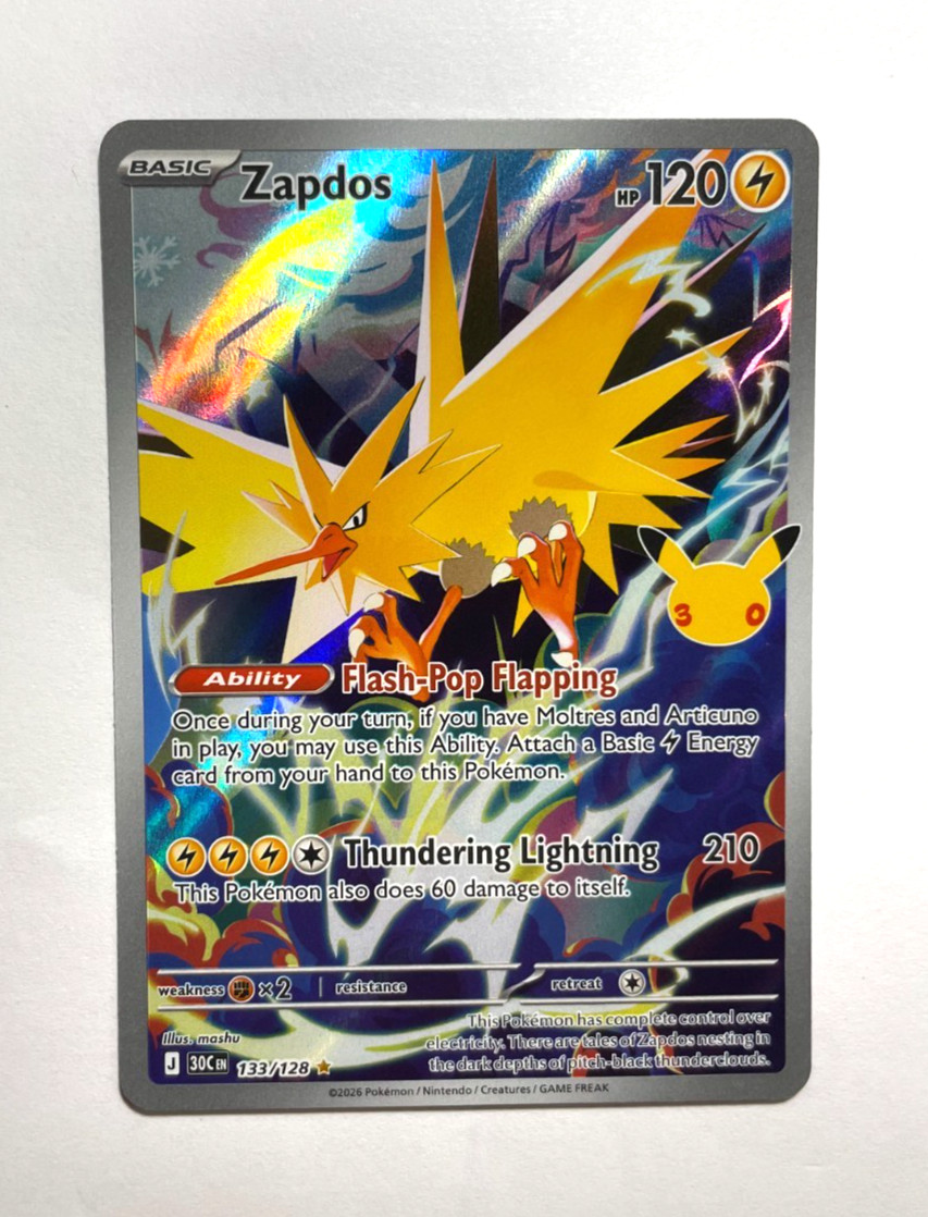 2026 Pokemon 30th Celebration Card 133/128 Zapdos IR Illustration Rare 2026 Pokemon 30th Celebration Card 133/128 Zapdos IR Illustration Rare