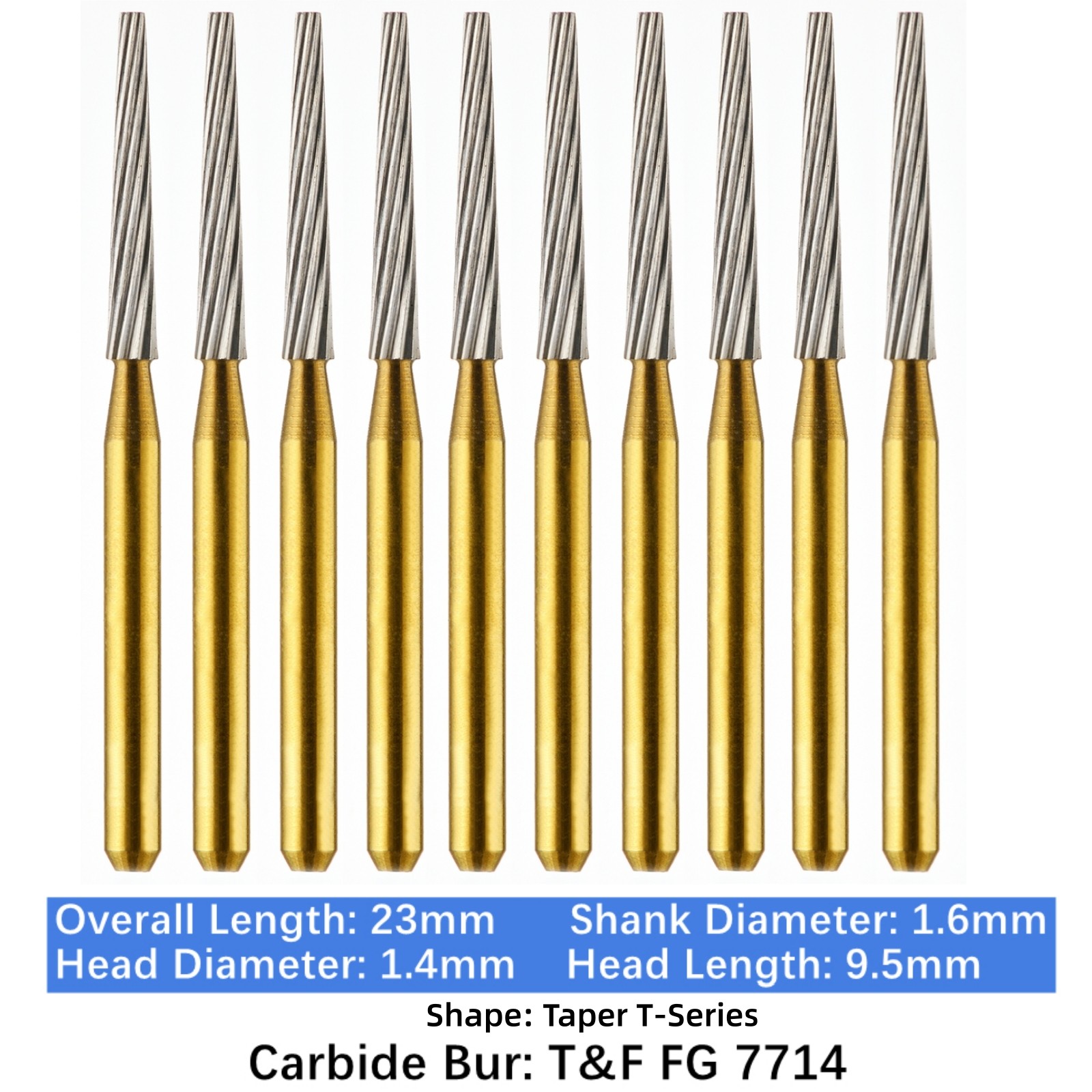 10-100pcs Dental Trimming & Finishing Gold Burs Taper Carbide Burs FG 7714 10-100pcs Dental Trimming & Finishing Gold Burs Taper Carbide Burs FG 7714