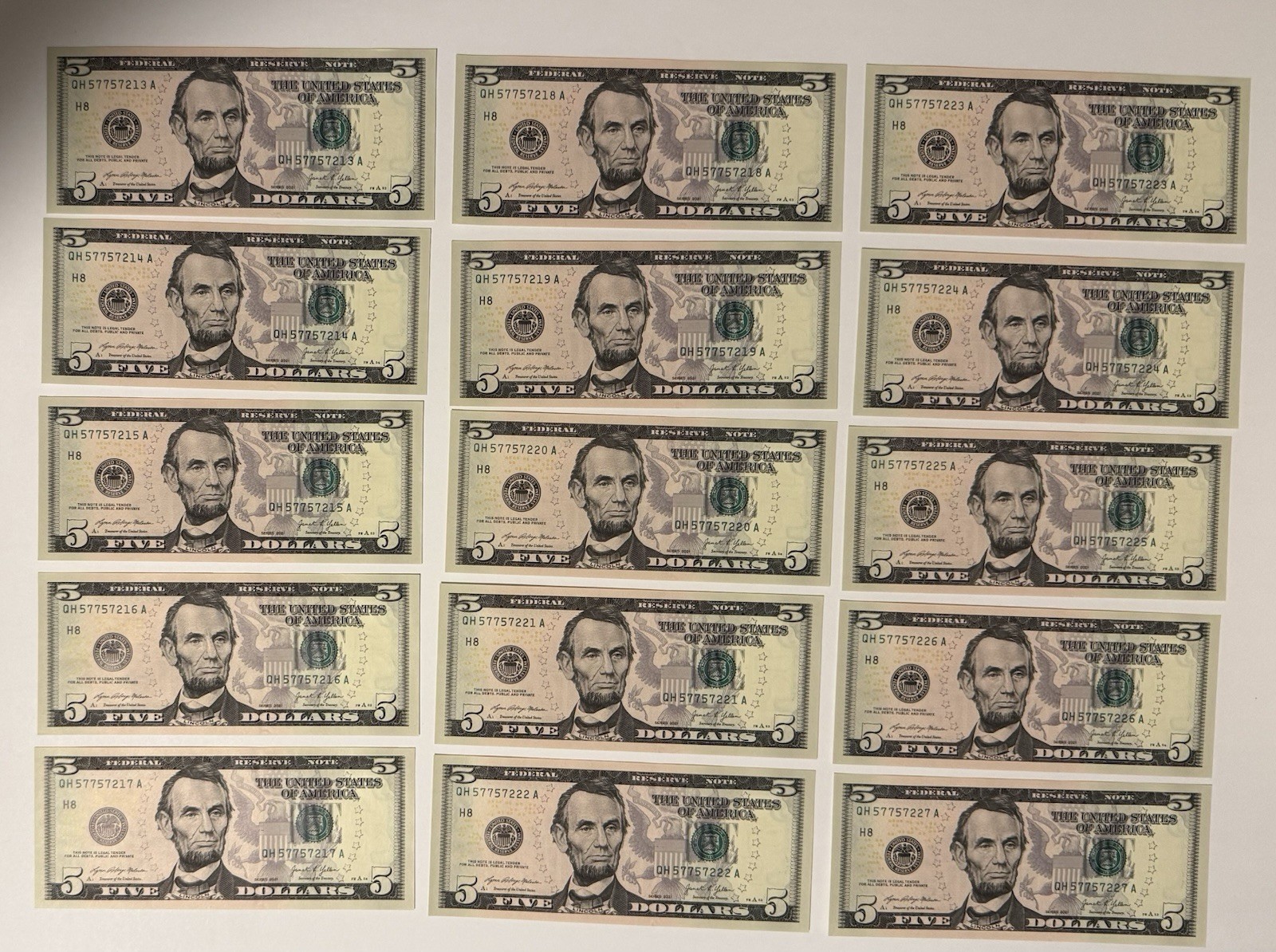 (15) Uncirculated $5 / Five Dollar Bills In Sequential/Consecutive Order (2021) (15) Uncirculated $5 / Five Dollar Bills In Sequential/Consecutive Order (2021)