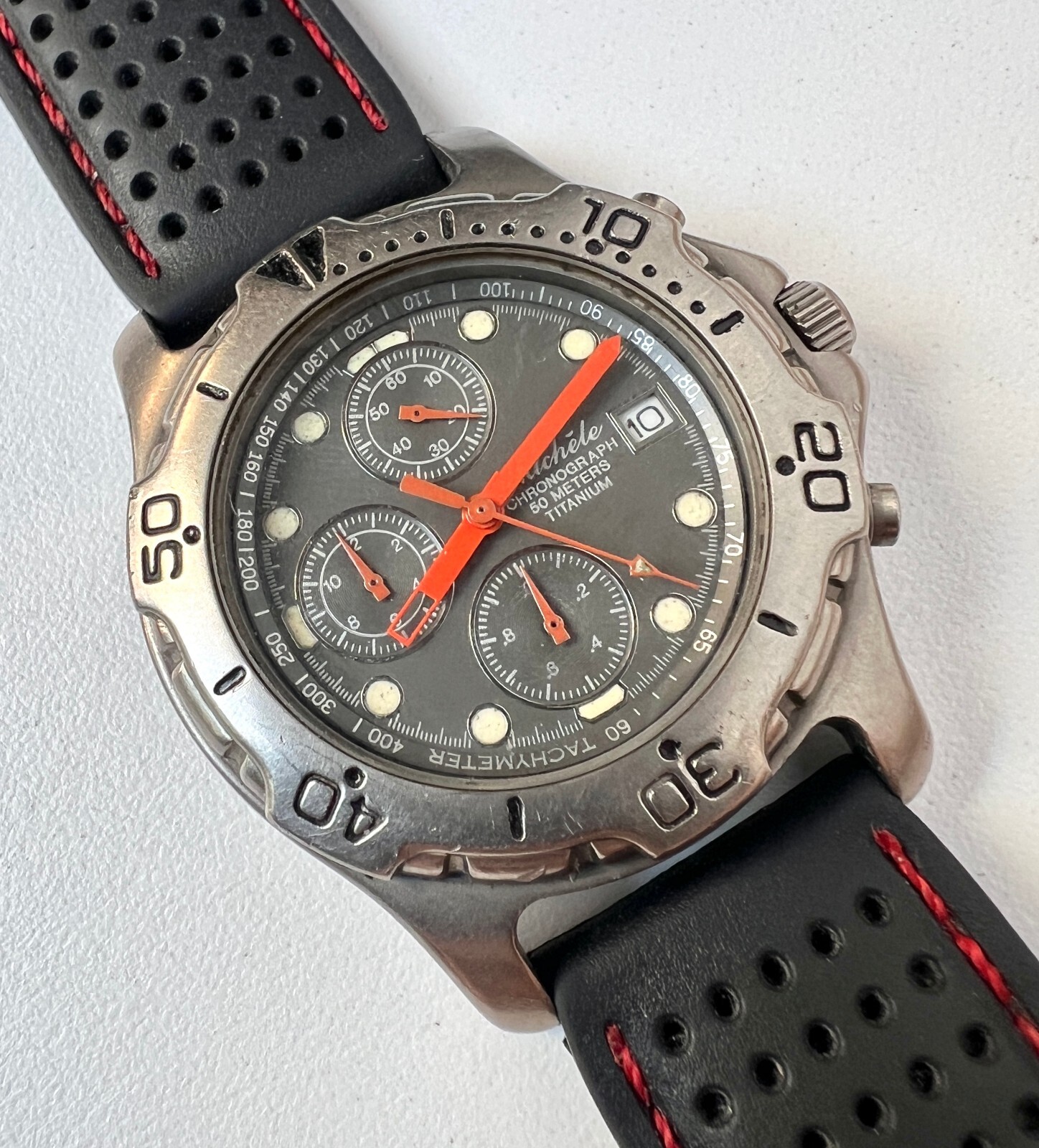 Michele Chronograph 50 Meters Watch 71-409-T Quartz Vintage Gray Mens Titanium