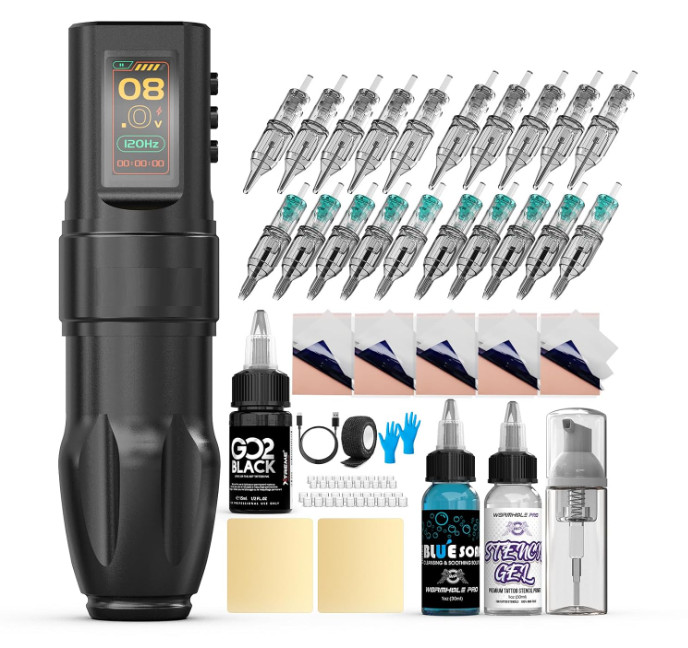Kit de tatuaje inalámbrico completo con tinta Xtreme, pantalla LED y batería 180