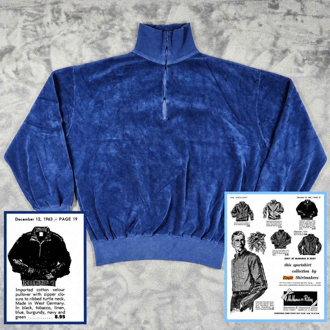 VINTAGE 60s Eagle Shirtmakers Velour Pullover Mens XL Blue 1/4 Zip West Germany VINTAGE 60s Eagle Shirtmakers Velour Pullover Mens XL Blue 1/4 Zip West Germany