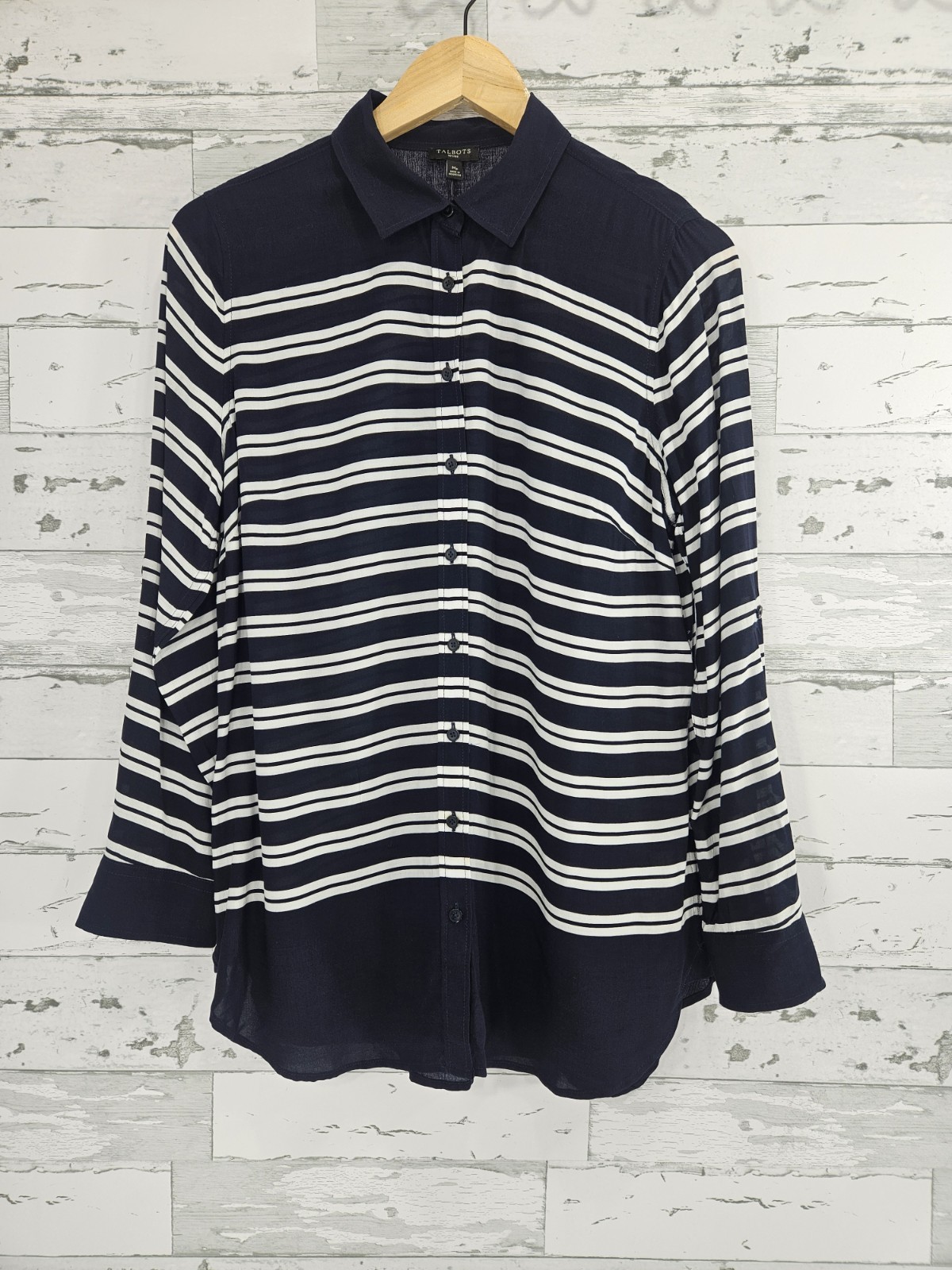 Talbots Petites Navy Blue White Striped Rayon Button Down Shirt Size MP