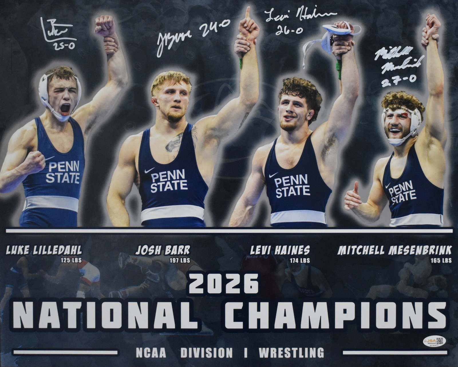 Penn State / PSU Wrestling 2026 National Champs Signed x 4 16x20 Photo JSA 10002 Penn State / PSU Wrestling 2026 National Champs Signed x 4 16x20 Photo JSA 10002