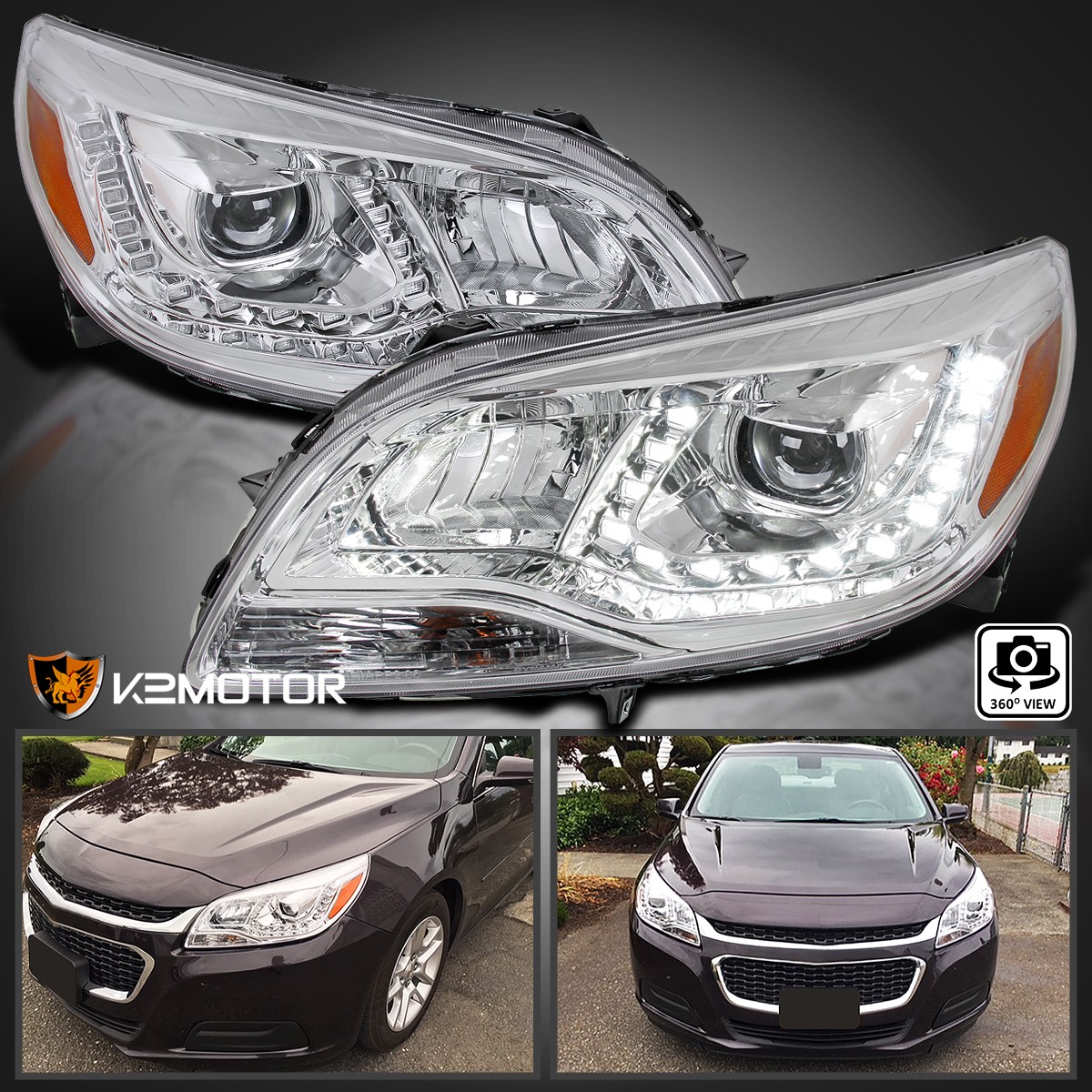 Fits 2013-2015 Chevy Malibu LED Strip Projector Headlights Lamp Left+Right 13-15 Fits 2013-2015 Chevy Malibu LED Strip Projector Headlights Lamp Left+Right 13-15