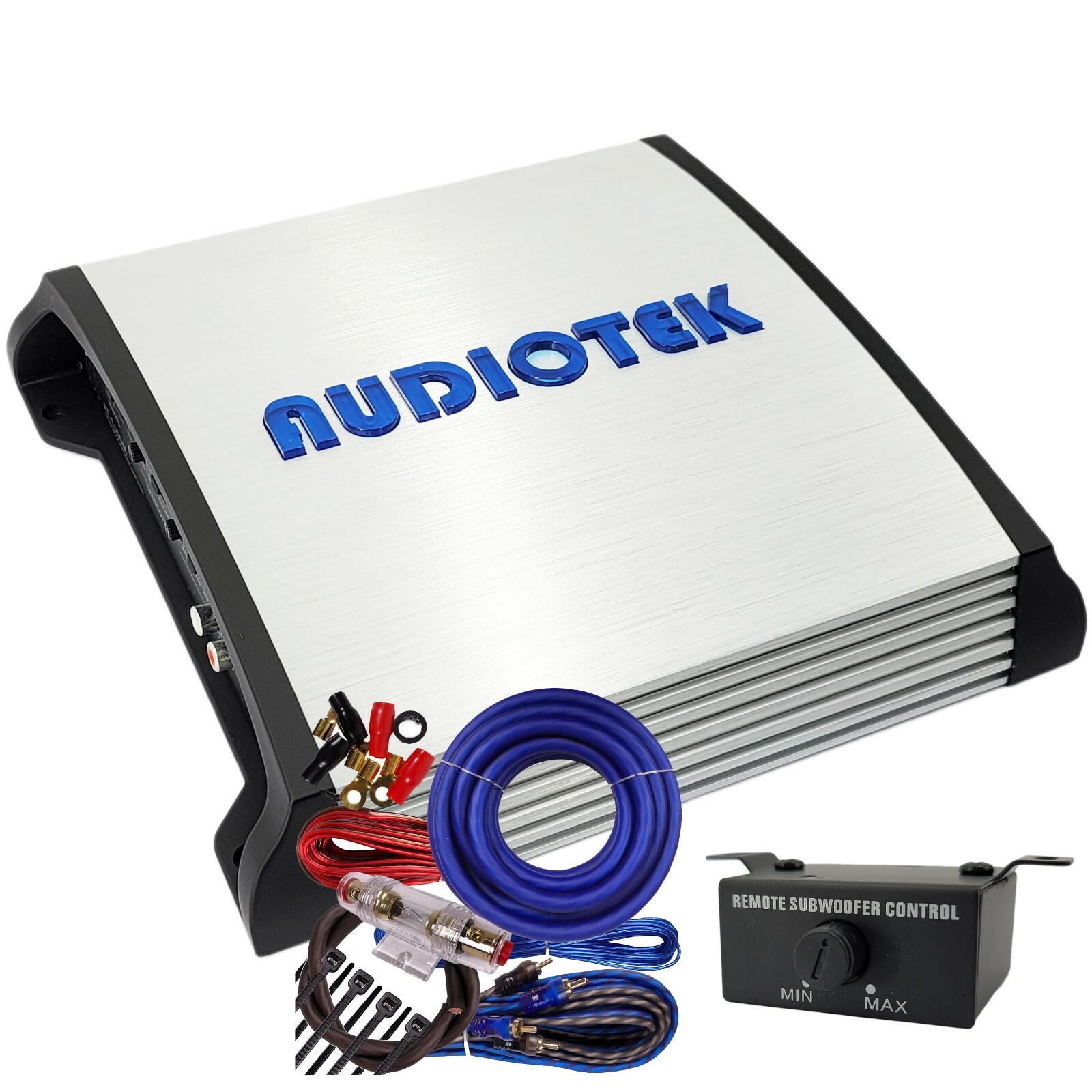 Audiotek AT-1800S 1800 Watts Power 2 Channel Car Amplifier + 4Gauge Amp Kit Blue