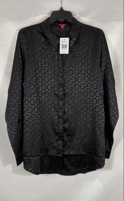 Guess Women\'s LS Galinda Button-Down Top Black Logo Print Jacquard Sz L NWT