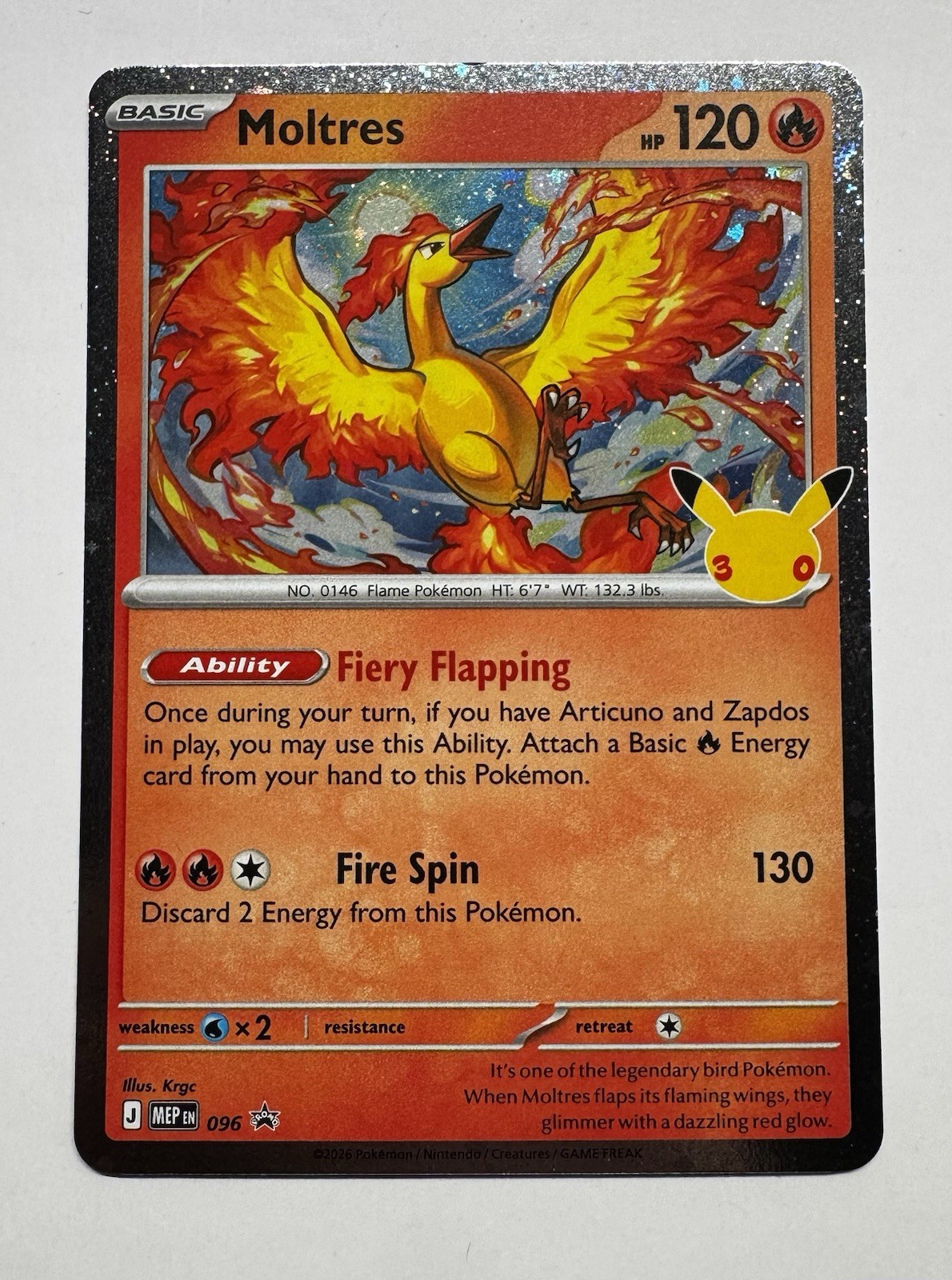 Moltres - 096 Pokemon 30th Celebration Black Star Promo Cosmo Holo Near Mint Moltres - 096 Pokemon 30th Celebration Black Star Promo Cosmo Holo Near Mint