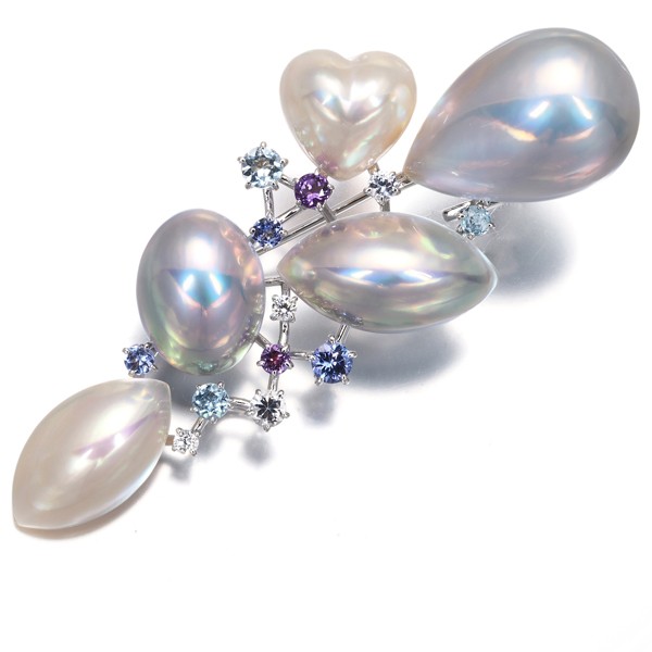 Auth TASAKI Pendant and Brooch Mabe Pearl Aquamarine Amethyst Tanzanite 18K WG