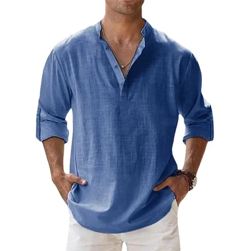 Men's Lightweight Cotton Linen Long Sleeve Henley Beach Shirt T-shirt Tee Gift