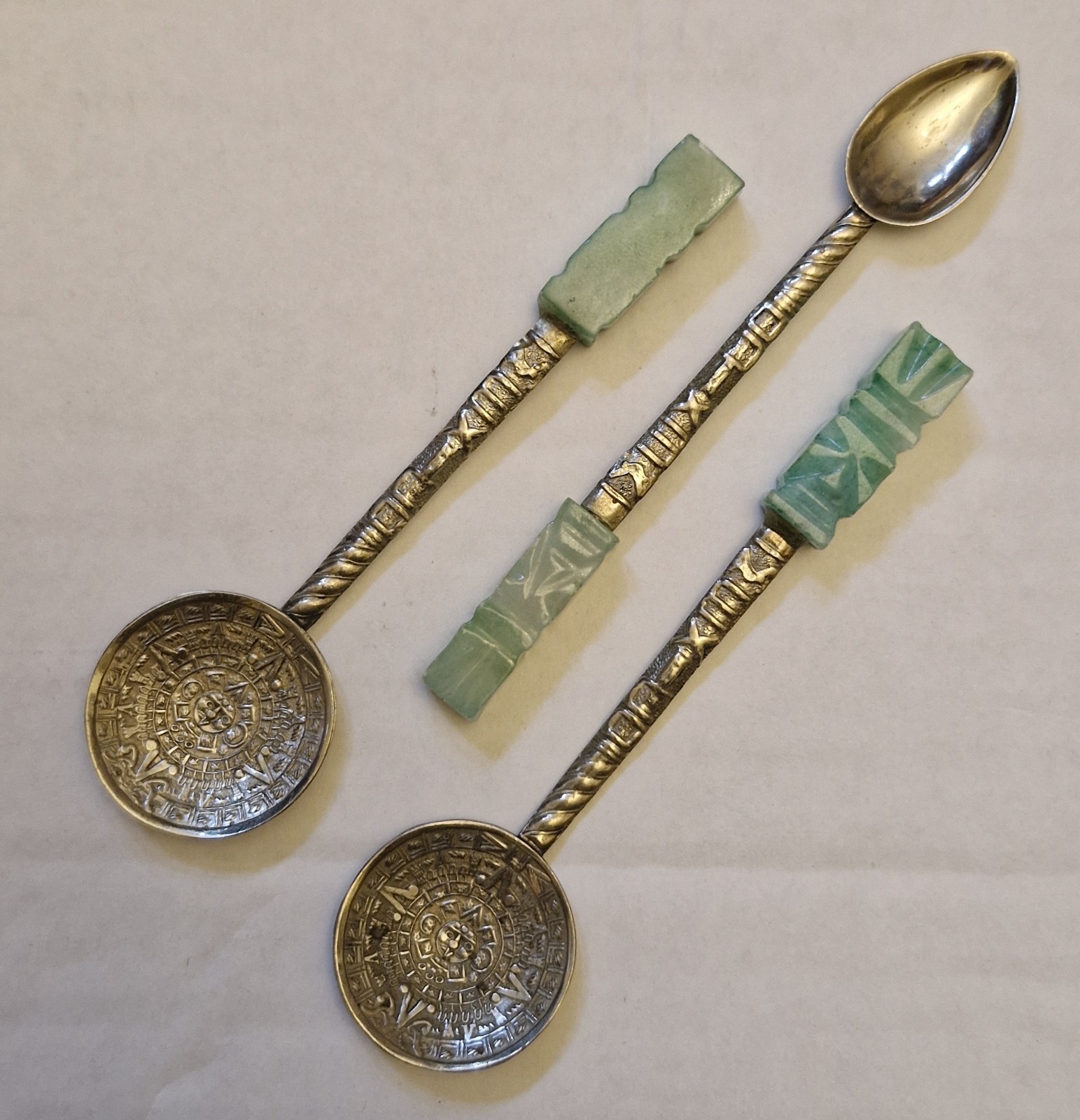 3 Vintage Mexican Silver and Carved Mayan Aztec Green Onyx Totem Spoons