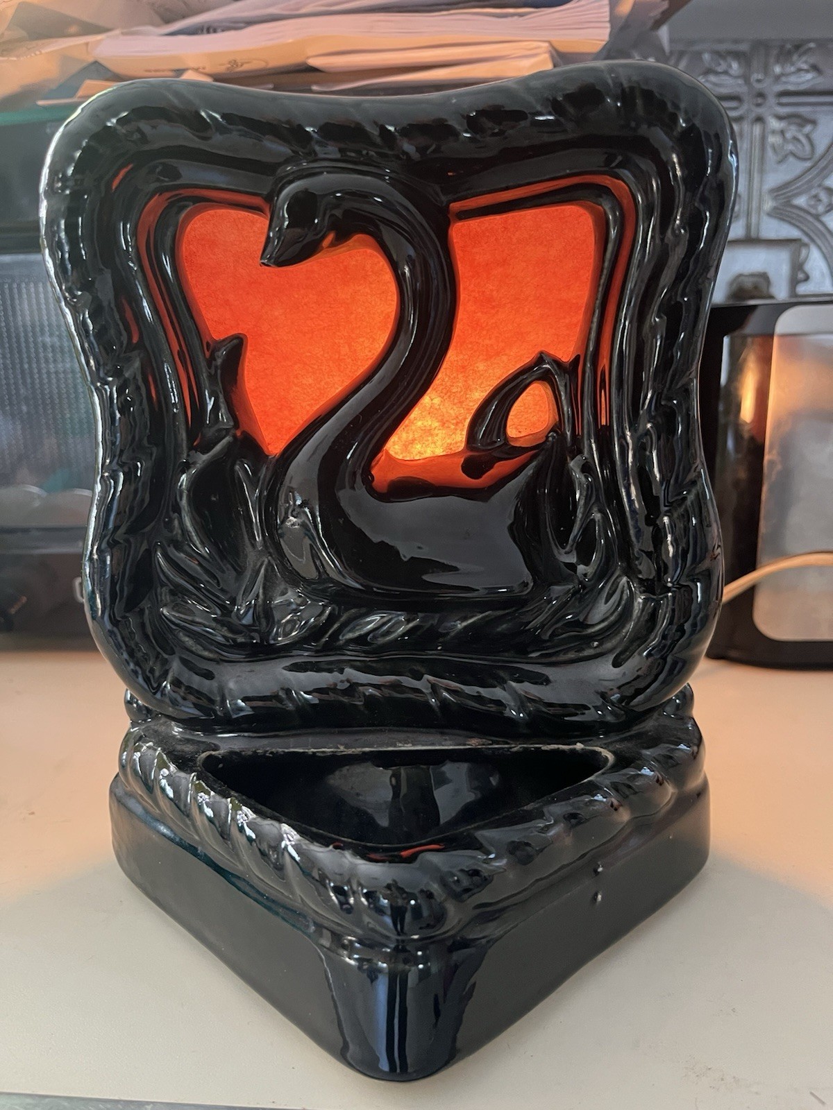 Vintage 1950s Black Ceramic Swan TV Lamp Planter MCM Light Working 9\ Vintage 1950s Black Ceramic Swan TV Lamp Planter MCM Light Working 9\